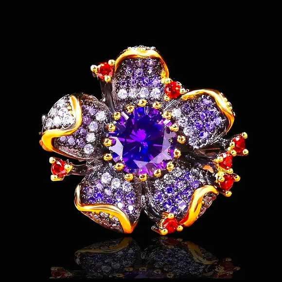 Bee You Boutique Jewelry - "Rare Indigo Orchid" .925 Solid Sterling Silver Black Gold Plated Statement Ring